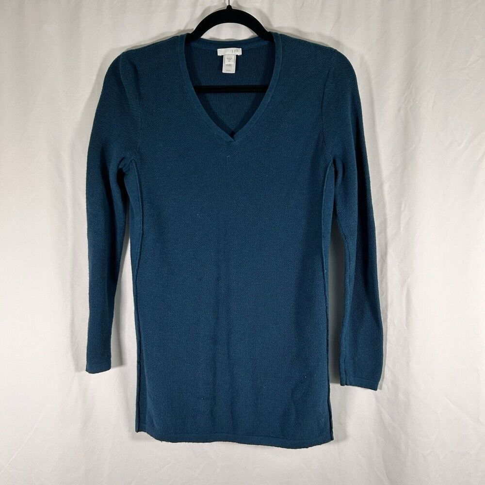 J Jill Top Women's XS Green Blue Vneck Wool Silk Blend Long Sleeve Knit